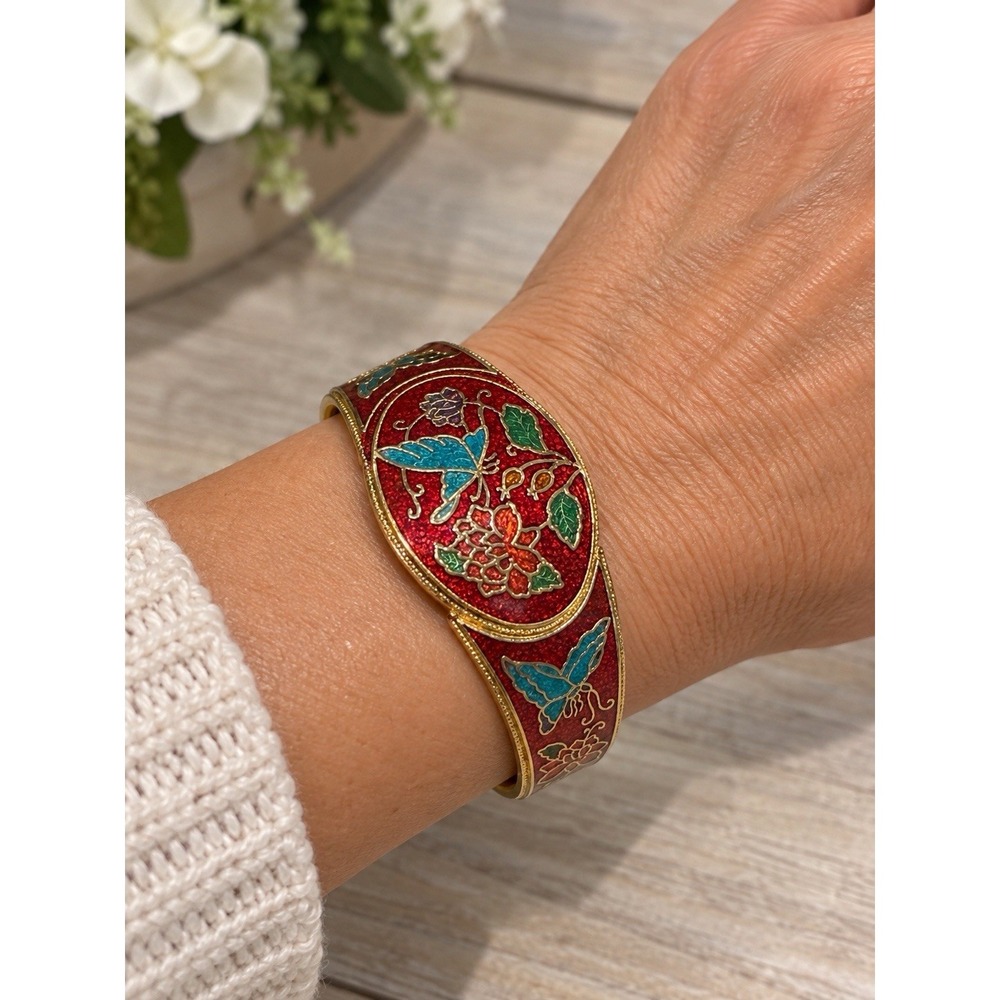 Vintage Style Cloisonne Enamel Hinged Bangle Bracelet Butterfly Floral Red